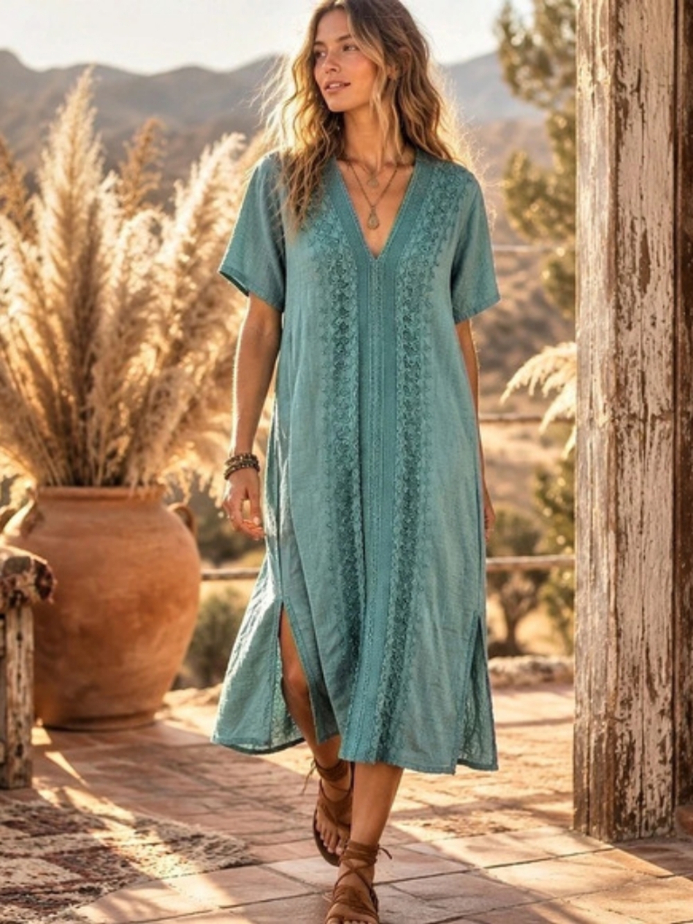 Embroidered Maxi Dress in Green Like New